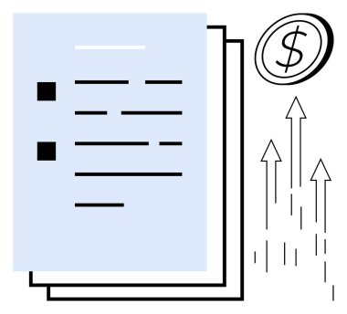 Metin satırlı belge yığını, yuvarlak hatlı dolar işareti ve yukarı doğru oklar. Finans, iş, analiz, yatırım, bütçe hesaplama ve planlama için ideal. Basit düz metafor