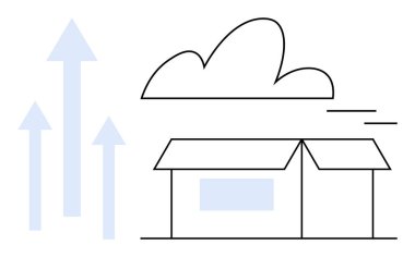 Yukarıya doğru giden oklarla dolu bir bulutun altındaki kutu büyümeyi, ilerlemeyi ve veri akışını gösteriyor. Bulut depolama, lojistik, büyüme, tedarik zinciri, e-ticaret yenilik bağlantıları için idealdir. Basit düz metafor