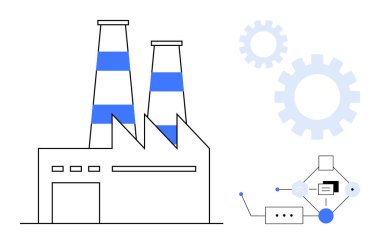 Tütsülenmiş bacaları, bağlı otomasyon diyagramı ve üretim ve teknoloji entegrasyonunu temsil eden vitesleri olan endüstri binaları. Endüstri, otomasyon, yenilik ve üretim için ideal