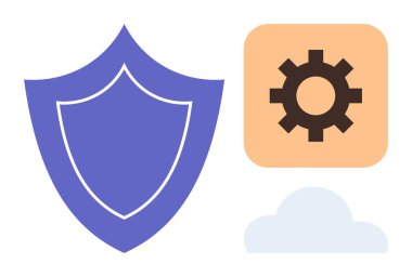 Mavi kalkan, turuncu vites, beyaz bulut koruma, sistem optimizasyonu ve çevrimiçi hizmetleri birleştirir. Güvenlik, bulut depolama, teknoloji, veri ayarları için ideal iş akışı basit düz