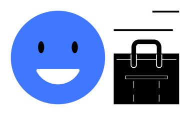 Mavi gülen surat, siyah alışveriş çantasının yanında basit çizgileri olan. Perakende, e-ticaret, tüketim, iş, müşteri memnuniyeti, mutluluk, alışveriş metaforu için idealdir. Temiz, düz metafor