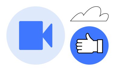 Mavi video ikonu, el hareketi onaylama ve bulut taslağı. Video akışı, sosyal medya, bulut depolama, geribildirim, teknoloji, bağlantı sade iniş sayfası için ideal