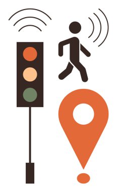 Trafik lambasının yanında yürüyen bir figür. Hareket, güvenlik, navigasyon, hareketlilik, toplu taşıma, şehir hayatı, planlama. Seyahat için ideal, yol bulma şehir planlama haritaları
