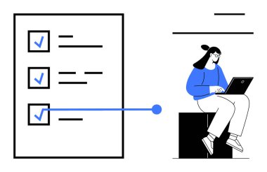 Tamamlanmış görevleri olan kontrol paneline bağlı dizüstü bilgisayar kullanan bir kadın. Üretkenlik, organizasyon, görev yönetimi, proje planlaması, verimlilik, iş akışı, hedef belirleme için ideal. Minimalist daire