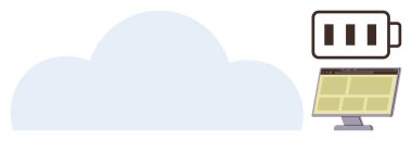Batarya ikonu ve bilgisayar monitörüyle bulut şeklinde. Teknoloji, veri depolama, enerji verimliliği, dijital çözümler, yenilik, bulut hizmetleri ve geleceğin teknolojisi için ideal. Basit düz metafor