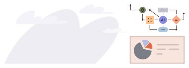 Yapay zeka merkezi düğümlü akış şeması, iş akışlarını gösteren bağlı şekiller ve veri ölçümlerini temsil eden pasta grafiği. Teknoloji, otomasyon, veri analizi, proje yönetimi, araştırma, iş dünyası için ideal