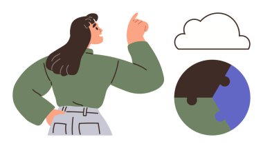 Kadın yukarı doğru hareket eder buluta doğru ve aşağıdaki dünya bulmacasına doğru. Küresel sürdürülebilirlik, yenilik, eğitim, takım çalışması, çevre bilinci, problem çözme, yaratıcı düşünme temaları için ideal