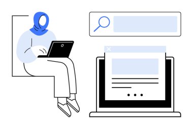Bilgisayarda yazan bir kadın, arama çubuğu ve online araştırmayı görselleştiren bir web sayfası. Teknoloji, web taraması, kullanıcı arayüzü, iş, eğitim, pazarlama minimalizmi için ideal