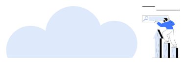 Çubuk grafiğin tepesinde elinde büyüteç, büyük bir bulut elementi tutan kişi. Büyüme, analiz, başarı, yenilik, strateji ve görme potansiyeli için ideal. Temiz ve basit düz metafor