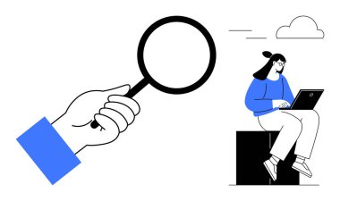 Bilgisayarda çalışan bir kadına odaklanmış bir şekilde el ele tutuşan büyüteç. Araştırma, araştırma, çevrimiçi öğrenme, analiz, problem çözme, yenilik ve merak konuları için ideal. Minimalist daire