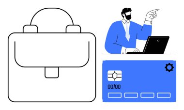 Evrak çantası özeti, dizüstü bilgisayar kullanan bir adam ve dişli ikonlu bir kart. İş, finans, liderlik, kariyer, yönetim kurumsal stratejisi ve dijital çözümler için idealdir. Basit düz metafor