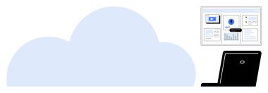 Büyük bulut, bilgisayarda grafikler, veriler ve dosyalar var. Teknoloji, bulut depolama, çevrimiçi işbirliği, analitik, uzaktan çalışma veri yönetimi için ideal basit düz metafor