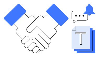 İki el titremesi ortaklığı simgeler, iletişim için konuşma balonu, alarmlar için çan bildirimi ve bilgi paylaşımı için istiflenmiş belgeler. Takım çalışması ve işbirliği için ideal.