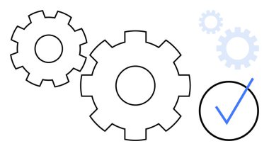 İşaret simgesinin yanında bağlantı dişlileri birleştirmek işbirliği, işlem verimliliği ve kalite kontrolü sağlar. Üretkenlik, takım çalışması, makine mühendisliği, başarı, iş akışı planlaması için ideal
