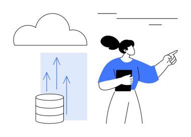 Veritabanı üzerindeki bulut simgesini gösteren bir kadın bulut bilgisayarını ve veri transferini sembolize ediyor. Teknoloji, yenilik, bulut depolama, ilerleme, iş stratejisi, bilişim ve modern veriler için ideal