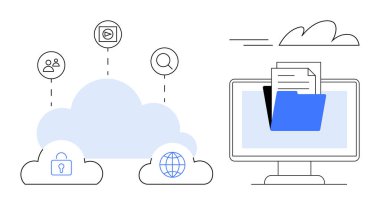 Güvenlik, küresel erişim, dosya paylaşımı ve arama için ikonları birleştiren büyük bulut. Dosyaları aktaran mavi klasörlü bir masaüstü. Teknoloji, iletişim, veri, bilişim çevrimiçi hizmetleri için ideal