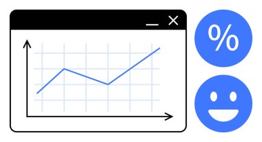 Tarayıcı penceresinde yükselen çizgi grafiği, yükselen eğilim, mavi yüzde işareti ve mutlu yüz. İş, büyüme, başarı, analitik, performans, istatistik için ideal basit iniş sayfası