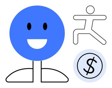 Mavi mutlu yüz, hareket halindeki insan ve dolar parası pozitifliği, enerjiyi ve refahı yansıtır. Başarı, motivasyon, refah finansal başarı üretkenlik kişisel büyüme için idealdir. Basit.