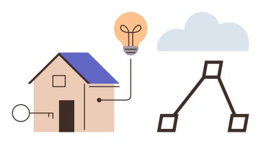 Ağ hatları ile buluta bağlı bir ev, parlayan bir ampul ve bir anahtar. Teknoloji, yenilik, akıllı evler, IOT, ağ enerji verimliliği dijital dönüşümü için ideal. Basit düz