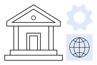 Üçgen çatılı klasik bina yapısı, çark sembolü ve yönetim, hukuk, küresel ağ, süreç yönetimi ve yeniliği gösteren küresel ikon. Yönetim ve politika için ideal