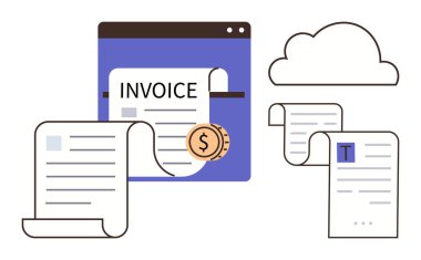 Parşömen tasarımlı dijital faturalar, bulut deposu ve bir dolar dijital finansı sembolize ediyor. Muhasebe, fatura, kağıtsız çözümler, otomasyon, veri yönetimi, bulut için ideal