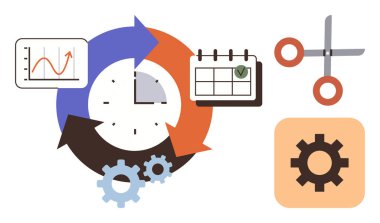 Dönen okları olan saat, bir takvim, grafik çizelgesi, makas ve dişliler zamanı, üretkenliği, verimliliği, organizasyonu, görev yönetimi planlamasını ve düz tasarımda iş akışını simgeler.