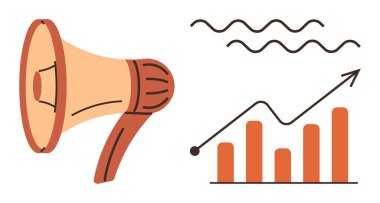 Yukarı yönlü çizelge ve çizgi trendlerinin yanında megafon pazarlama, büyüme, başarı, strateji ve iletişimi temsil ediyor. İş, reklam, promosyon, istatistik içeriği oluşturma için ideal basit