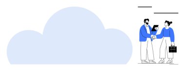 İş birliği tasvir eden iki profesyonelin yanında büyük bir bulut simgesi. İş dünyası için ideal, bulut hesaplama, takım çalışması, dijital çözümler, ağ oluşturma, ortaklıklar, basit düz metafor