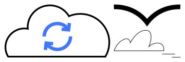 İçinde senkronizasyonu sembolize eden mavi yuvarlak oklarla siyah bulut ana hatları. Komşu minimalist kuş ana hatları özgürlük ve bağlantı taşır. İşbirliği, veri, yenilik ve özgürlük için ideal