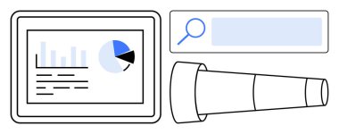 Bar çizelgesi ve pasta tableti, büyüteçle arama çubuğu ve teleskop. Veri görselleştirme, içgörü keşfi, gelecek planlama, pazar araştırması, keşif, analitik için ideal