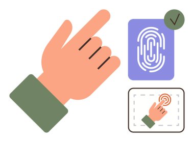 Parmak izi tarama sistemini işaret eden el işaretleri onaylama ve etkileşimli özellikleri gösteriyor. Kimlik doğrulama, güvenlik, teknoloji, kimlik, erişim, gizlilik, yenilik için ideal