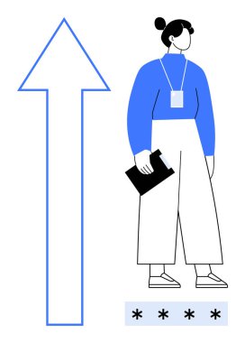 İş elbisesi panosundaki kişi, büyüme, liderlik, güvenlik ve profesyonellik temalarını vurgulayan büyük bir ok ve parola giriş alanının yanında. Kariyer için ideal