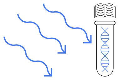 Bir test tüpünün içinde veri transferini temsil eden akışkan oklar ve bilgi için açık bir kitap olan DNA ipliği. Bilim, teknoloji, genetik, araştırma, öğrenme, yenilik ve eğitim için idealdir. A