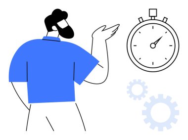 Mavi gömlekli bir adam kronometreye el sallıyor, yanında vitesler var. Takım çalışması için ideal, üretkenlik, planlama, iş akışı, hedef belirleme, zaman izleme karar verme mekanizması. Temiz, düz metafor