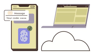 Akıllı telefon parmak izi tarayıcısı, doğrulama mesajı, dizüstü bilgisayar ekranı ve bulut simgesi. Siber güvenlik, kimlik doğrulama, veri erişimi, teknoloji, bulut depolama çevrimiçi güvenlik için ideal