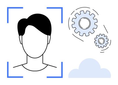 Odak çerçevesinde insan yüzü, süreci sembolize eden dişliler ve teknoloji entegrasyonunu yansıtan bulutlar. Yapay zeka, biyometrik, veri depolama, otomasyon, yenilik ve makine öğrenimi için ideal
