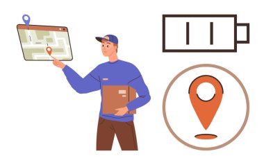 Navigasyon için dijital harita arayüzünü gösteren paketli bir kurye. Batarya göstergesi ve konum göstergesi lojistik, izleme, verimlilik ve hizmet güvenilirliğini sembolize eder. Teslimat için ideal