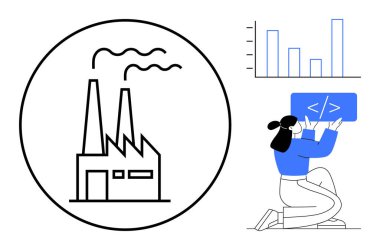 Çemberde baca bacaları, bar grafiği ve kod ikonu tutan diz çökmüş bir kadın olan fabrika. Teknoloji, endüstri, programlama, yenilik, veri, geliştirme için ideal basit bir iniş sayfası