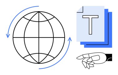 Oklu dünya, yığılmış metin belgeleri ve dijital bağlantıyı, yapay zekayı, otomasyonu ve teknoloji entegrasyonunu sembolize eden robotik el. Eğitim, yenilik ve yapay zekanın küreselleşmesi için ideal