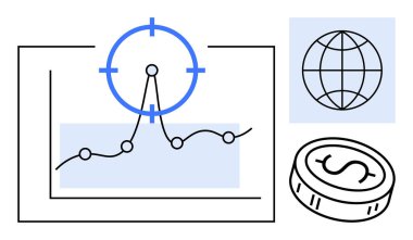 Eğilimli grafikler, hedef ikon, bozuk para ve küresel ağ taslağı. Finans, analitik, strateji, iş dünyası küresel büyüme yatırım temaları için idealdir. Basit düz metafor