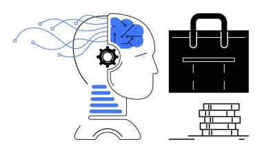 Beyin devreleri olan bir kafa, yapay zekayı simgeleyen bir alet çantası resimleme işi, finans için birikmiş paralar. Teknoloji, yenilik, yapay zeka, otomasyon, iş büyümesi modern çözümler için idealdir.