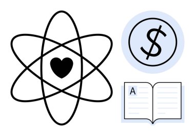 Kalbi merkezde olan bir atom, bir dolar para ve açık bir kitap. Bilim, finans, eğitim, aşk, öğrenme, yenilik ve yatırım için idealdir. Basit bir düz metafor.