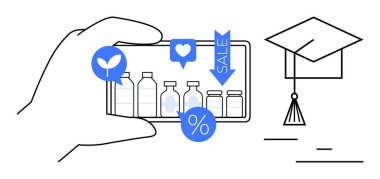 Geri dönüşümlü ürünleri indirimli, indirimli ve çevre dostu simgelerle el ele tutuşan akıllı telefon. Mezuniyet şapkası öğrenmeyi ve sürdürülebilirliği simgeler. E-ticaret, eğitim ve eko-yaşam için ideal