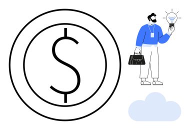 Profesyonel iş adamı, bir daire içinde parlayan ampul fikrini bir dolar işaretinin yanında tutuyor. Finans, girişimcilik, yaratıcılık, yenilik, liderlik, çözümler, iş anlayışı için ideal