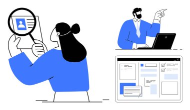 Aday profilini büyüteç kullanarak analiz eden kişi, dizüstü bilgisayardaki görevleri yöneten yönetici, web konsolu arayüzü. İşe alım, takım çalışması, İK, analitik, işbirliği, organizasyon için ideal