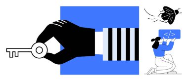 El ele tutuşmak erişimi sembolize eder, üstümüzde böcek uçar, ve geliştirici ekrandaki kodu düzeltmek için diz çöker. Sorun çözme, yazılım ayıklama, takım çalışması, siber güvenlik, geliştirme için ideal