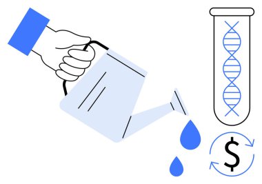 Sulama kutusundan DNA ipliği ve dolar sembolüyle test tüpüne su dökülüyor. Biyoteknoloji yatırımı, yenilik, sürdürülebilirlik, finans, araştırma, büyüme zihniyeti, gelecekteki ekonomi için ideal