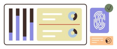 Çubuk grafikler, pasta grafikleri, parmak izi taraması ve kimlik doğrulama elemanları, veri güvenliği ve analitik. Teknoloji, iş analizi, güvenlik doğrulama dijital için ideal