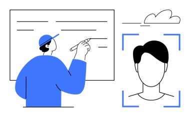 Tahtadaki bireysel yazı, bir kafa profilini tararken yüz tanıma çerçevesine bakın. Teknoloji, eğitim, güvenlik, biyometri, yaratıcılık, uzaktan kumandalı dijital aletler için idealdir. Basit bir daire.