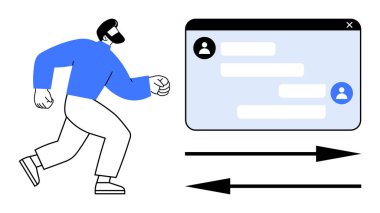 Dijital sohbet penceresine doğru ilerleyen bir adam yön oklarıyla konuşmaları gösteriyor. İdeal ileti uygulamaları, iletişim, kullanıcı arayüzü, sohbet araçları, ekip çalışması, uzaktan işbirliği, basit